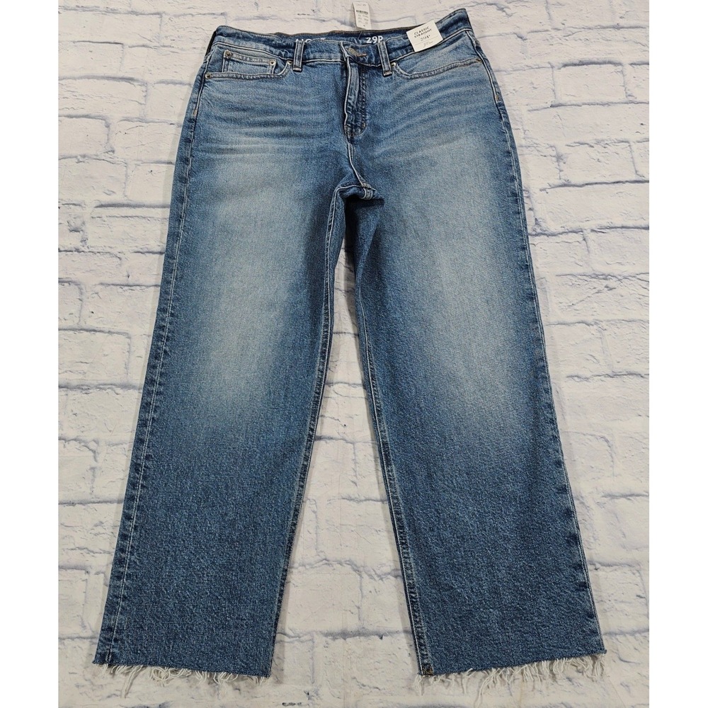 J Crew Classic Straight Jeans Women 29P Blue Raw Hem High Rise Petite BF602